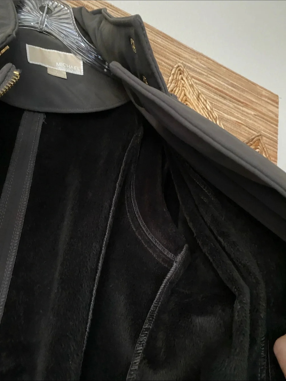 COPY MK Dark Olive Micro Fur Lined Coat Rain Resistant Stretch Hood Belt S